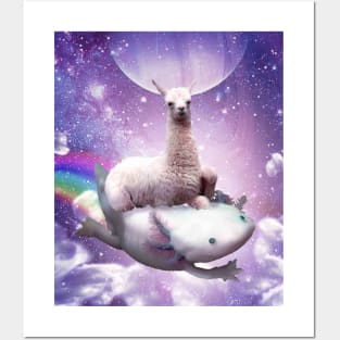 Space Llama Riding Axolotl - Rainbow Posters and Art